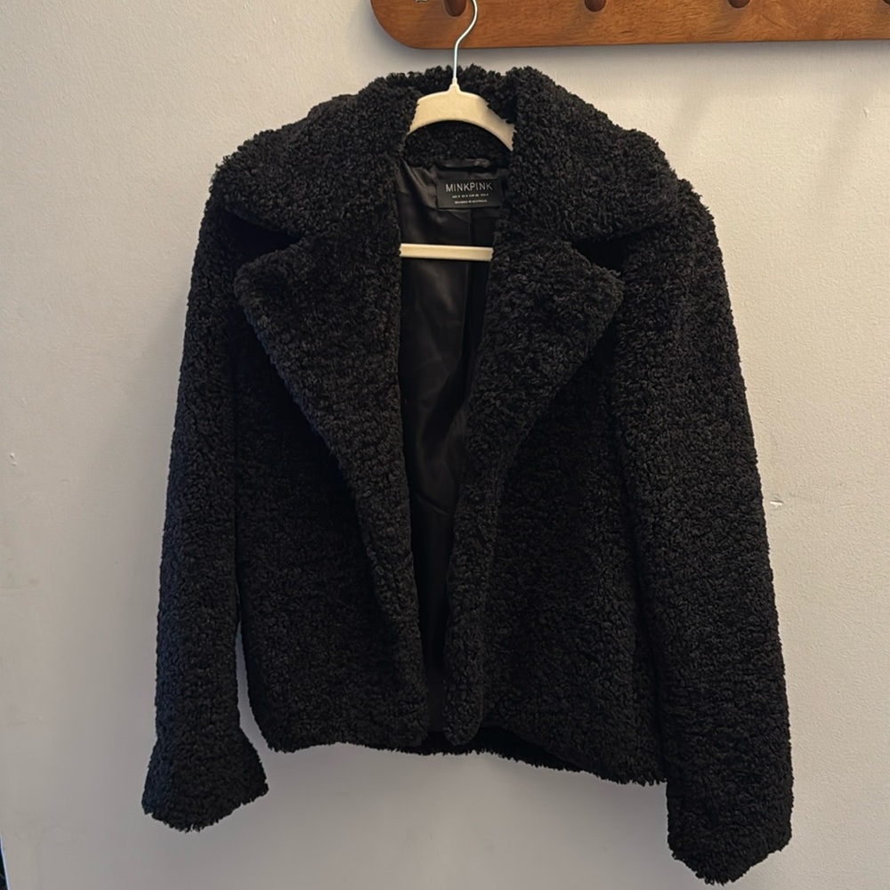 MINKPINK Black Teddy Jacket with Textured Fabric and Relaxed Fit